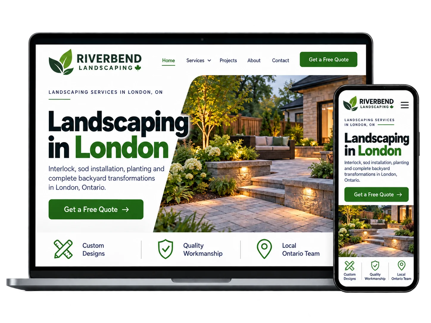 Riverbend Landscaping website design concept shown on desktop and phone