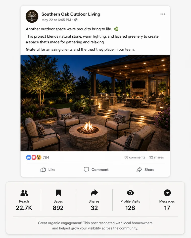 Exemple de post Facebook organique pour patio haut de gamme